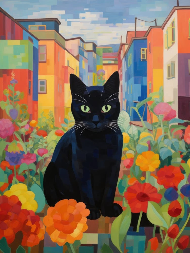 Black Cat In The Flower Garden