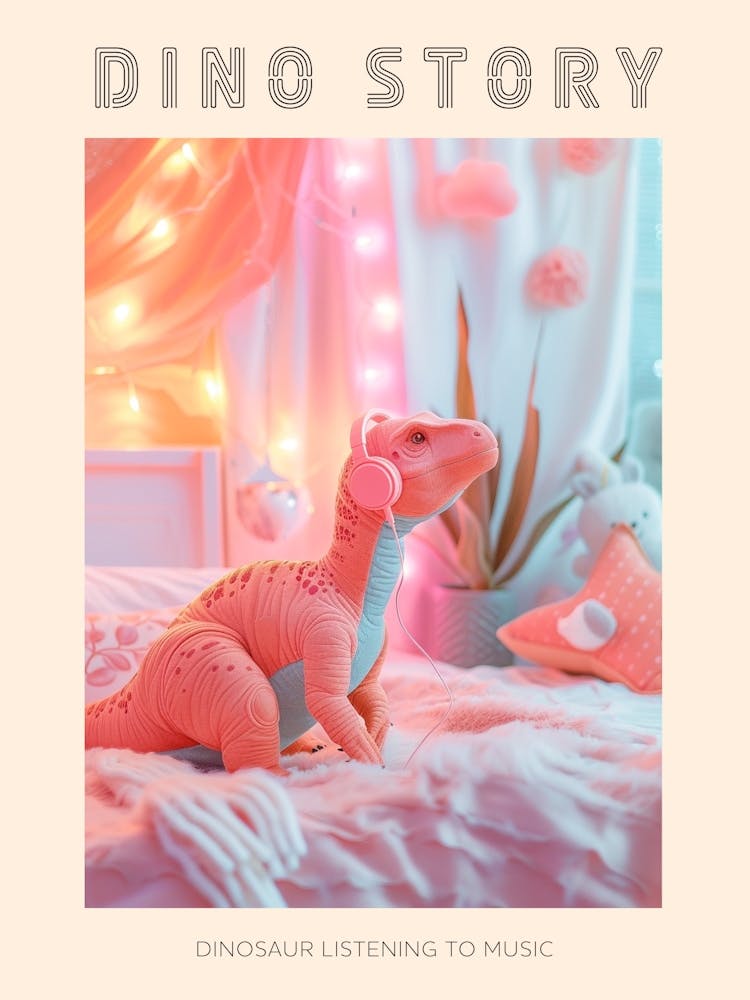 Pink Plushie Dinosaur Listening To Music In Bed Poster