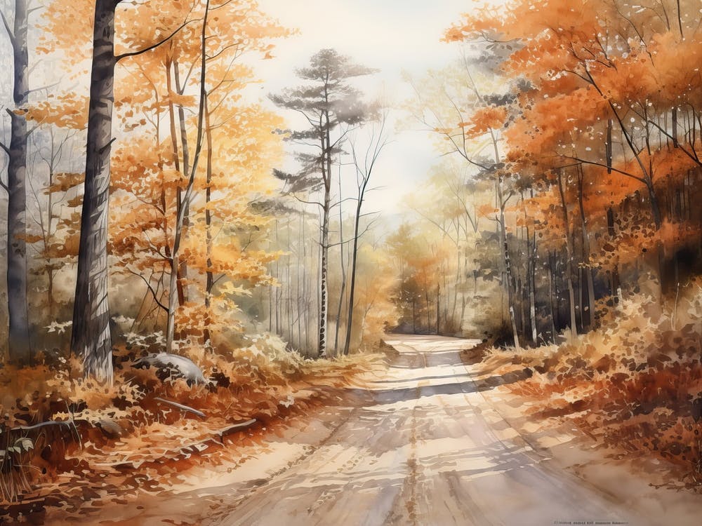 A Painting Of Country Road Through Woods In Autumn 61