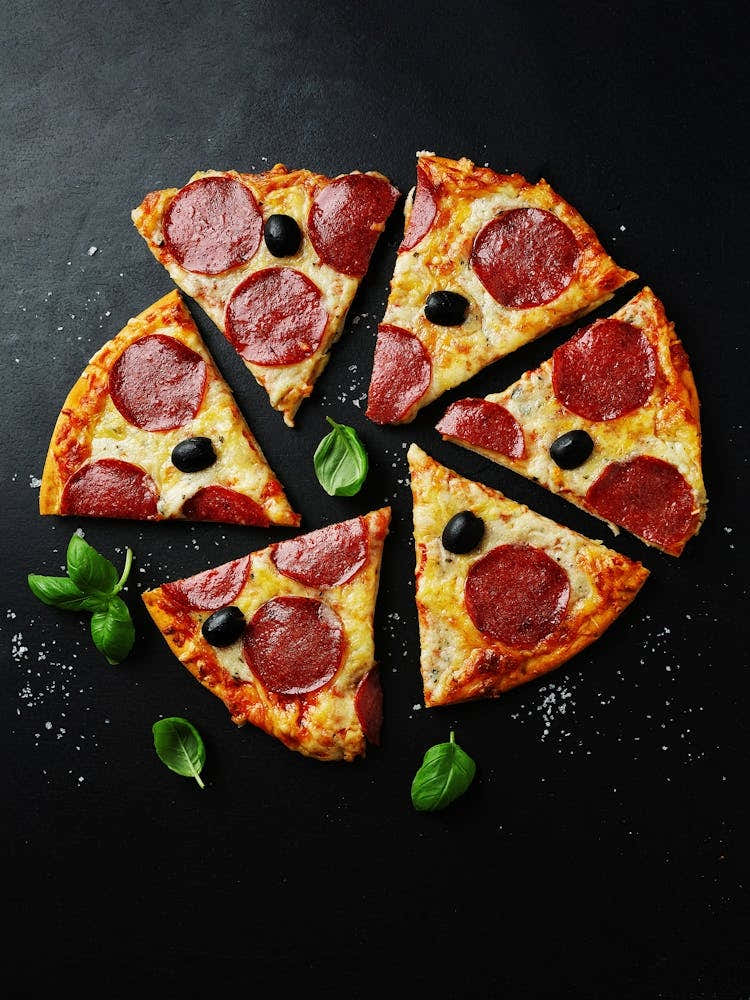 Pizza with salami — Food kitchen poster/blackboard, photo art