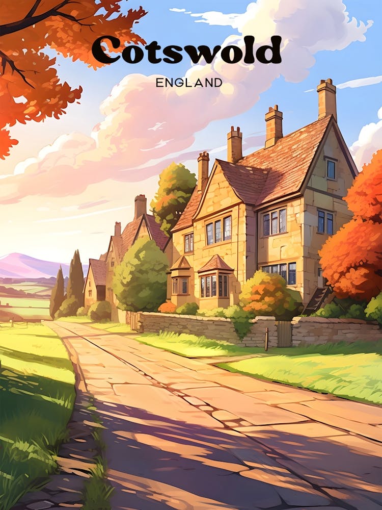 Cotswold England Countryside Trail Travel Illustration