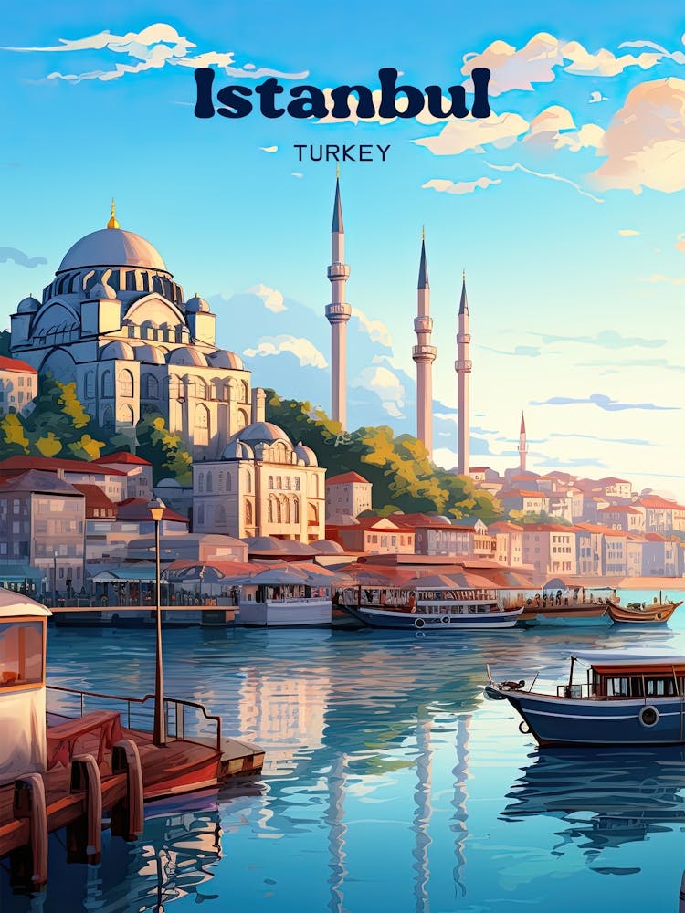 Istanbul Turkey Grand Mosque Travel Art Illustration
