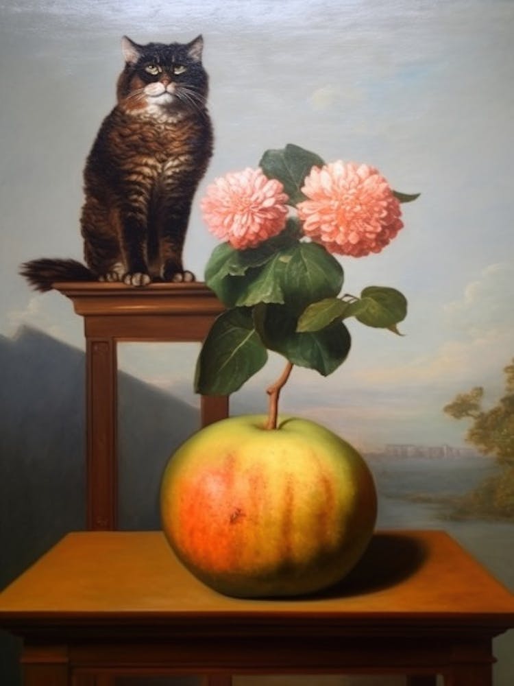 Painting Of A Still Life Of A Dahlia With A Cat, Realism 3