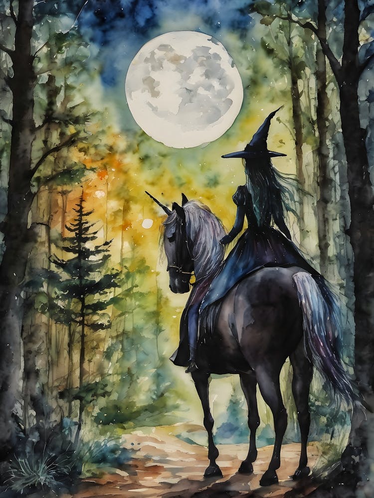 A Witch and her Dark Unicorn ~ Witchy Gothic Spooky Fairytale Watercolour 