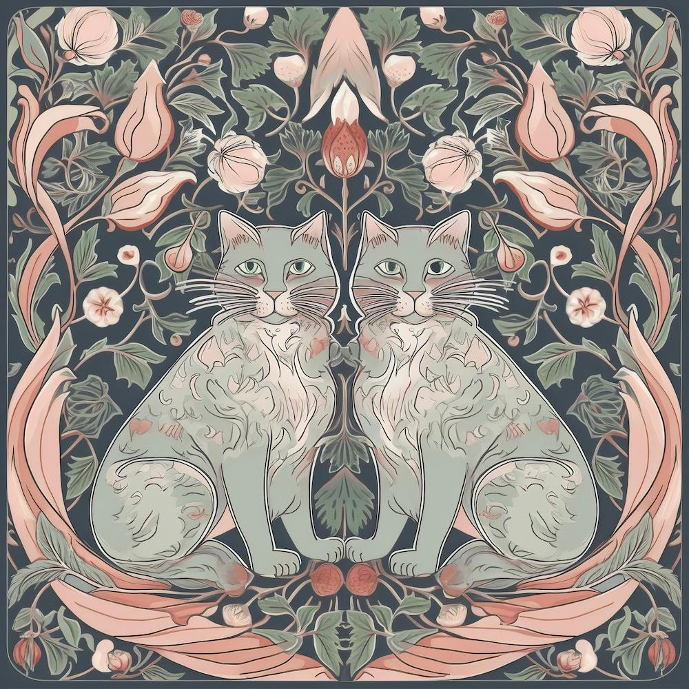 William Morris  Inspired  Classic Cats Pink And Sage Square