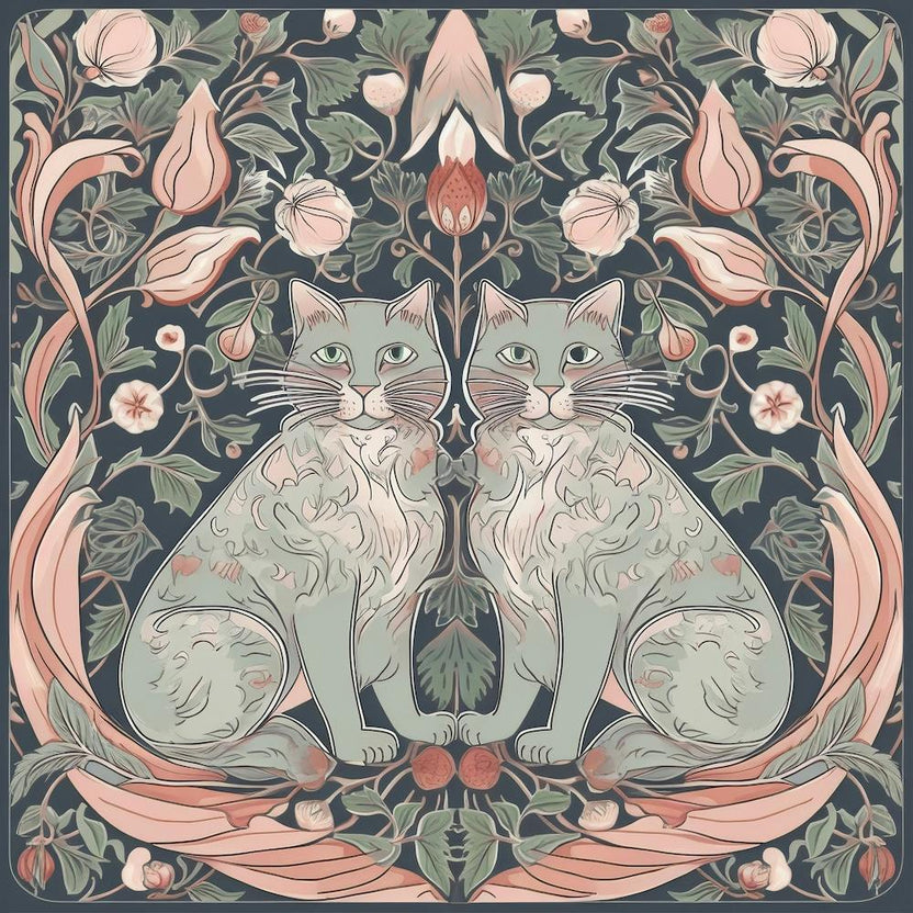 William Morris  Inspired  Classic Cats Pink And Sage Square