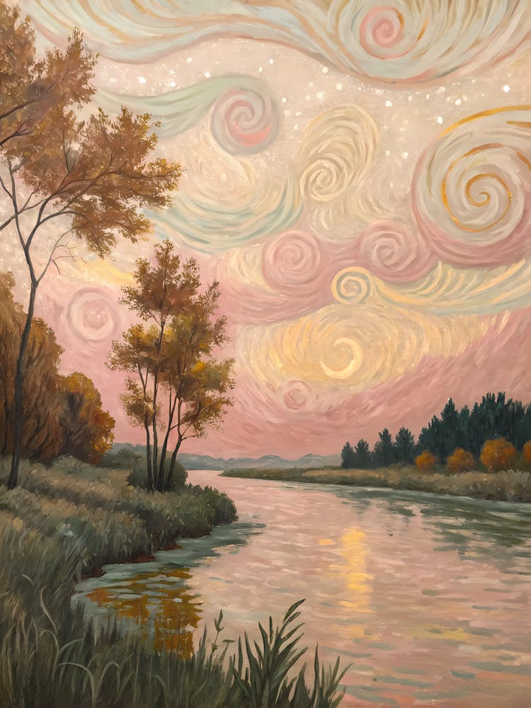 Van Gogh River Landscape Sunset Sky & Autumn Trees
