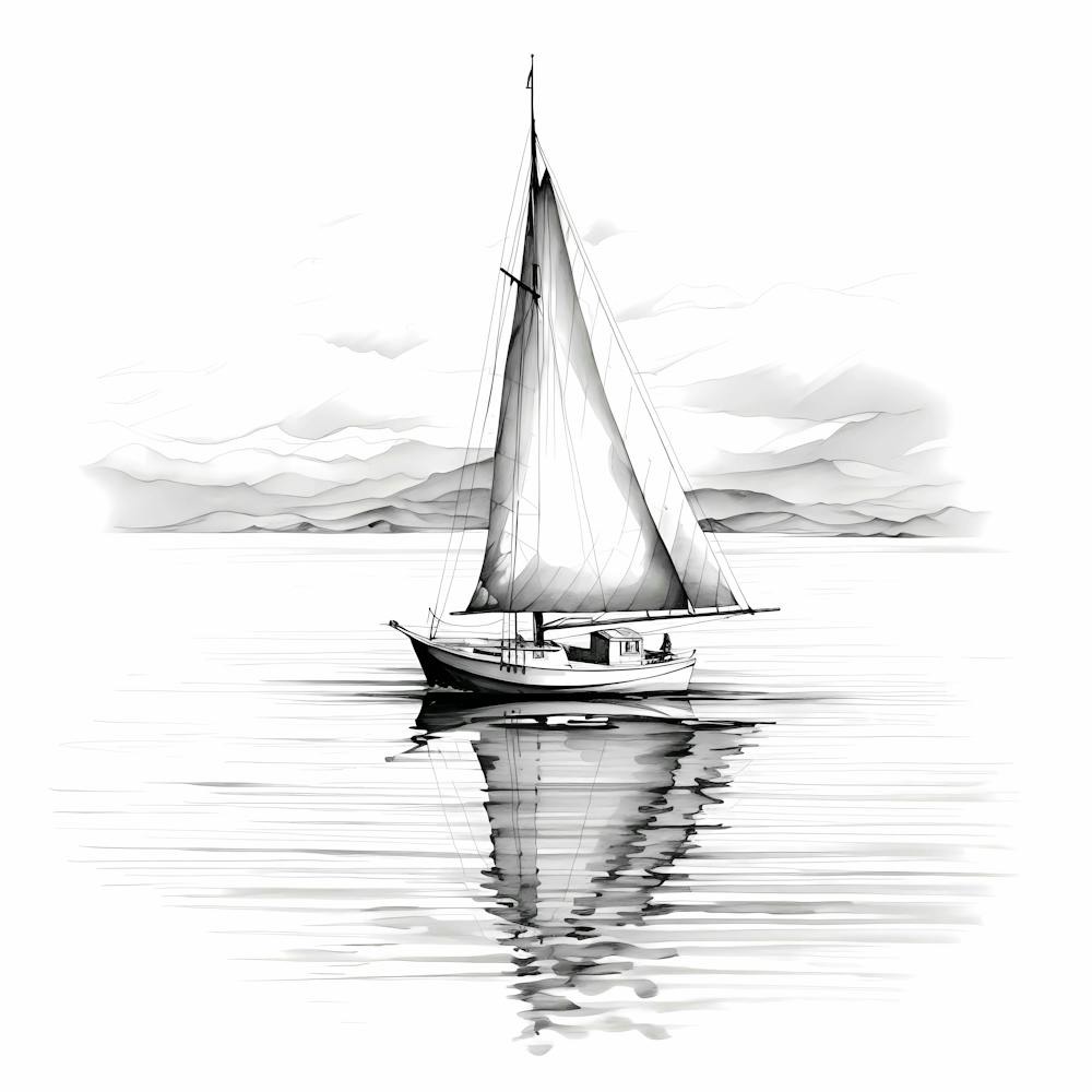 Sailing Boat Of Calm Waters Black And White Sketch