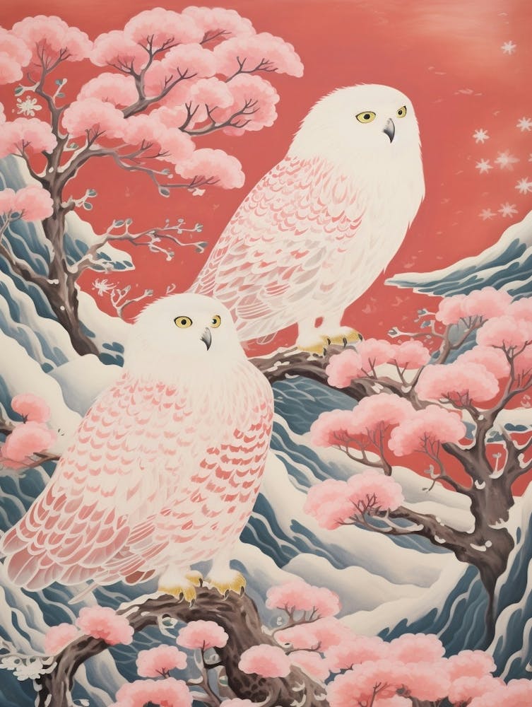 Vintage Japanese Inspired Bird Print Snowy Owl 3