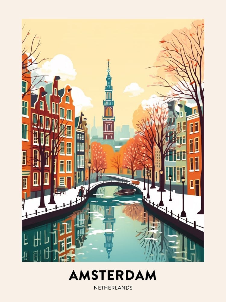 Vintage Winter Travel Poster Amsterdam Netherlands 3