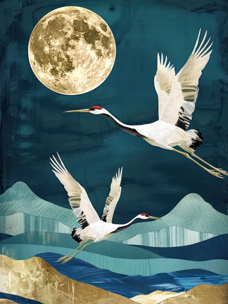 Cranes Flying Gold Blue Effect Collage 2