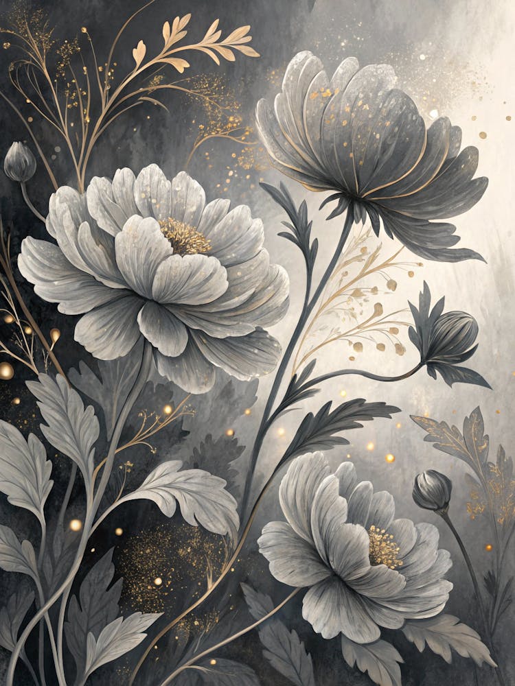 Oil Painting Style Monochrome Flower Silhouettes