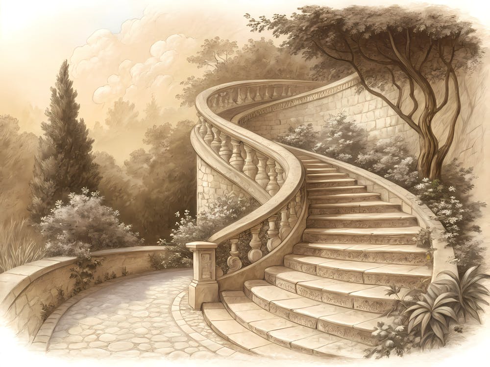 Retro Vintage Style A Curved Stone Staircase Leadi