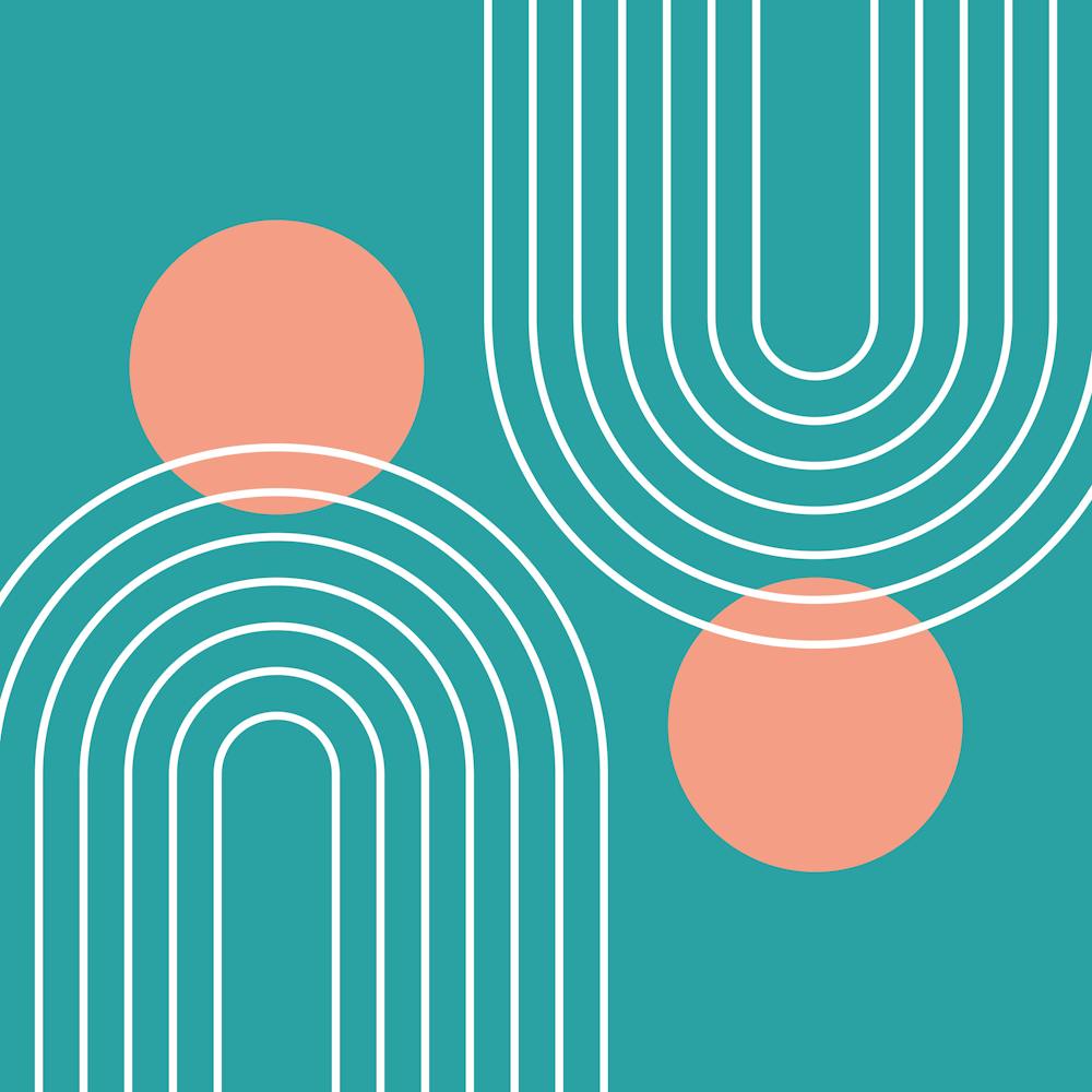 Mid Century Modern Geometric C30 In Teal Peach (Rainbow And Sun Abstract) 02