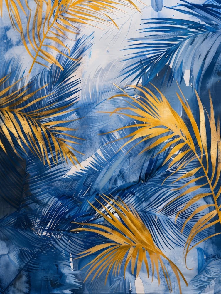 Palmenblätter in Blau und Gold