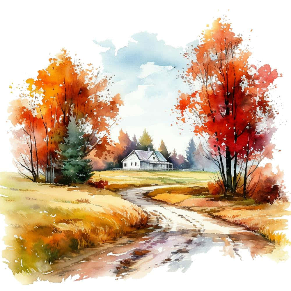Watercolor Of Autumn Landscape