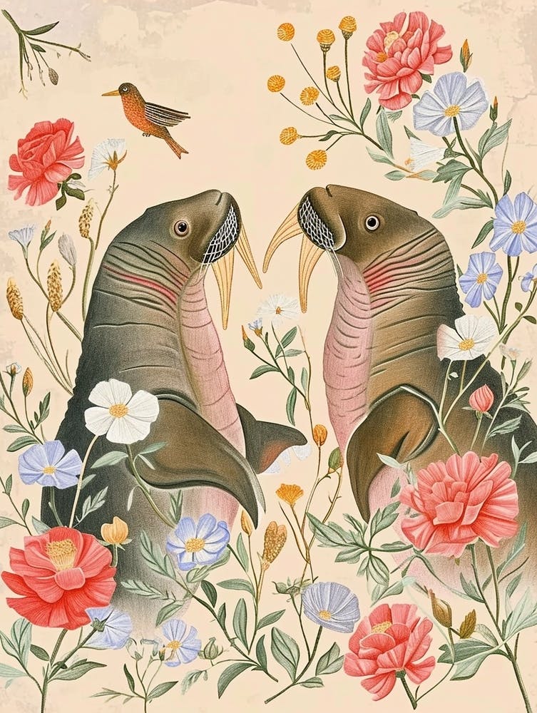 Folksy Floral Animal Drawing Walrus 2