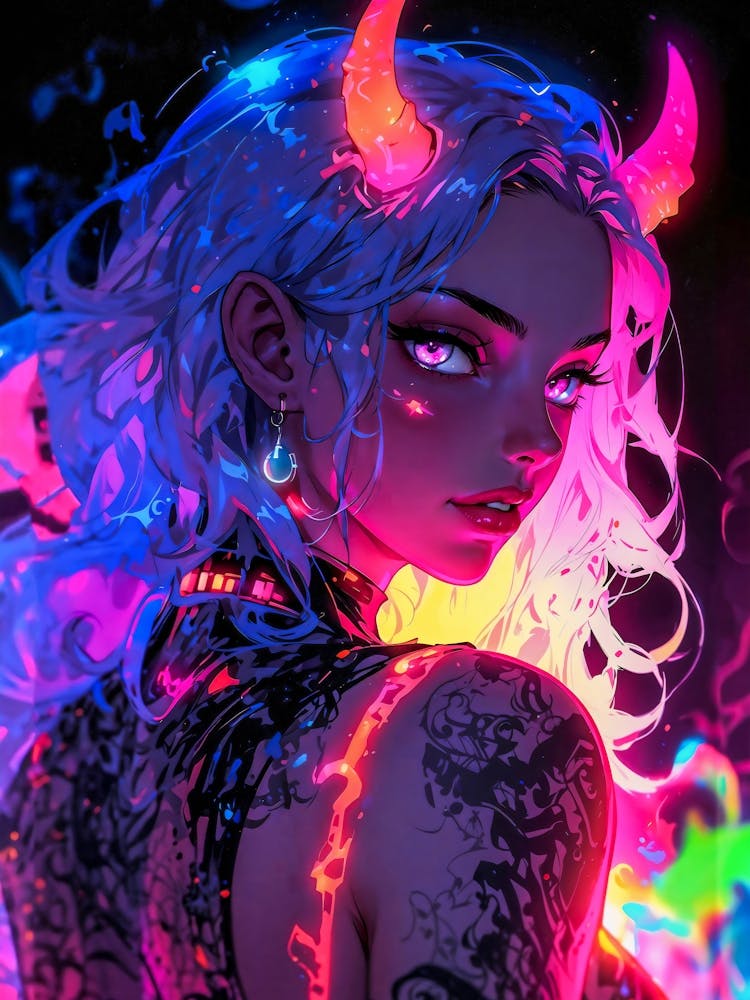 Demon girl with horns, tattoos, and crazy vibes. A sexy, horny, anime girl in an erotic fantasy. Devilish hentai charm, a manga woman, and an alluring female character.