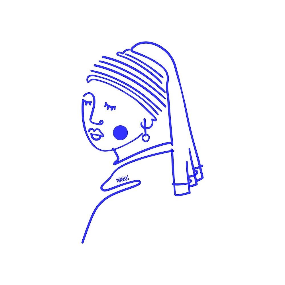 Girl Wearing A Pearl Earring Blue Square