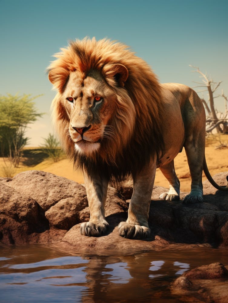 African Lion Drinking From A Stream Realistic 9