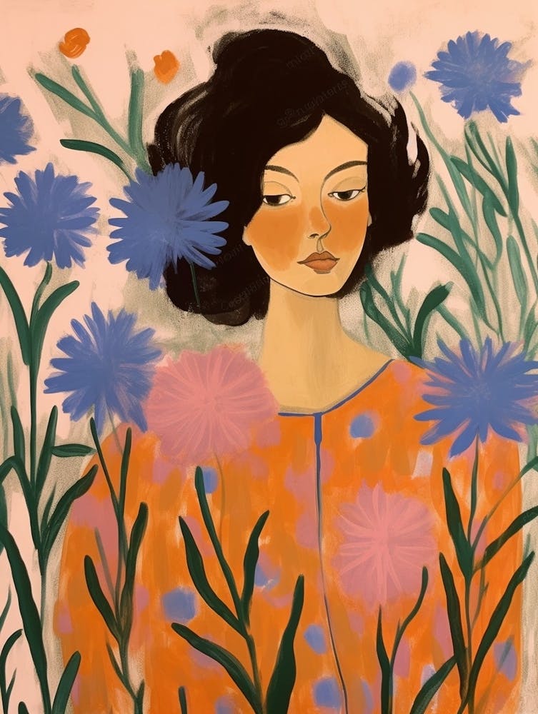 Woman With Autumnal Flowers Cornflower 1