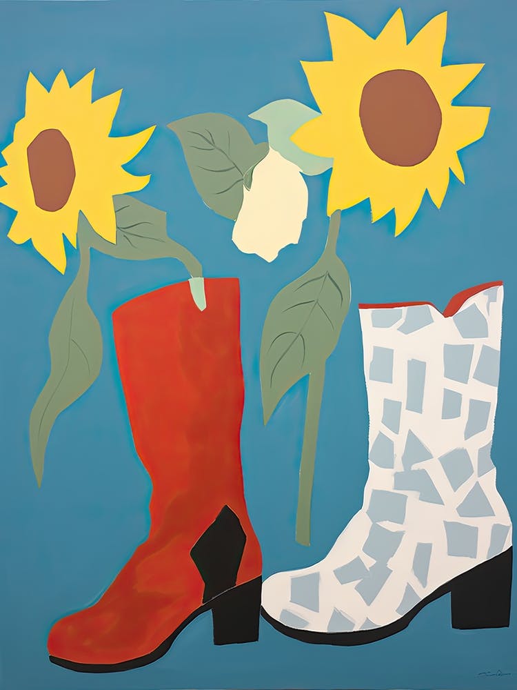 A Painting Of Cowboy Boots With Sunflower Flowers, Pop Art Style 1