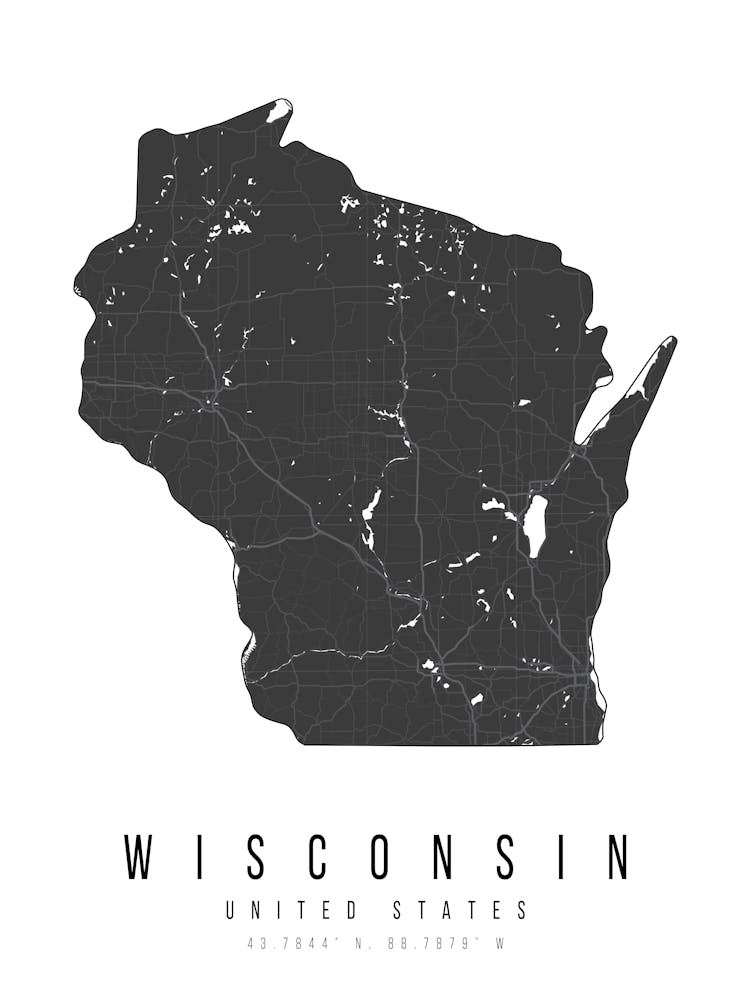 Wisconsin Mono Black And White Modern Minimal Street Map