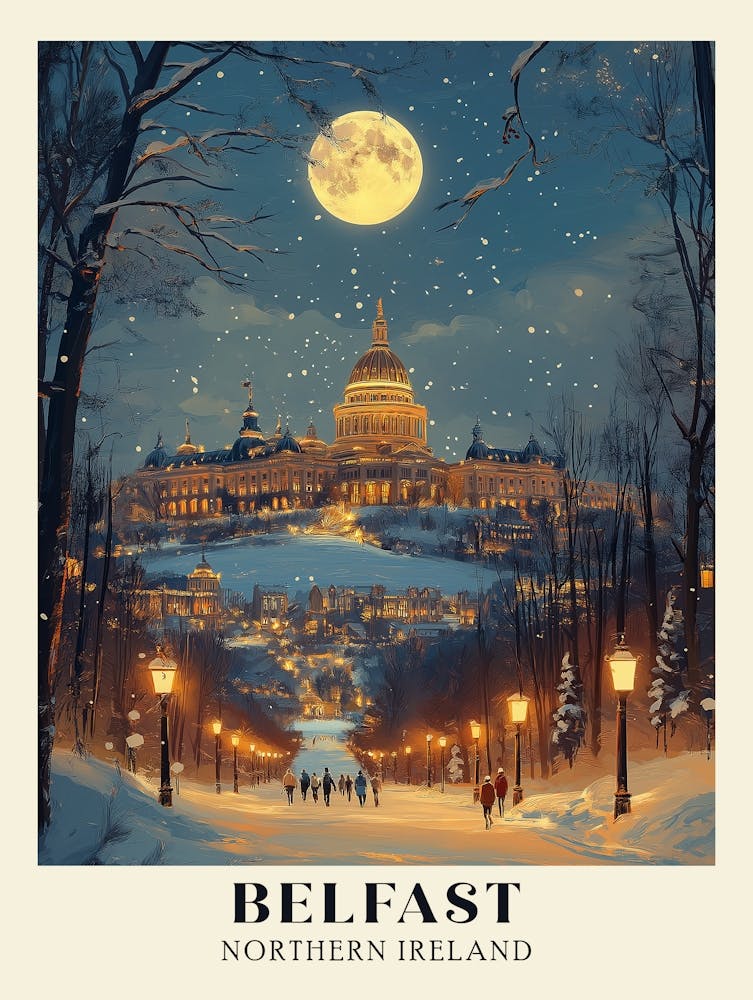 Belfast Northern Ireland Winter Night Travel Poster
