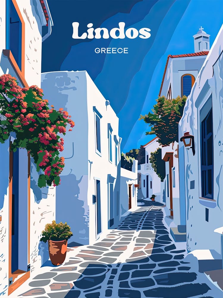 Lindos Greece Rhodes Island Travel Illustration