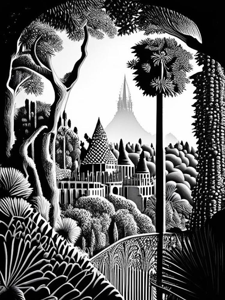 Park Güell, 1, Spanien Linolschnitt Schwarz-Weiß Vintage