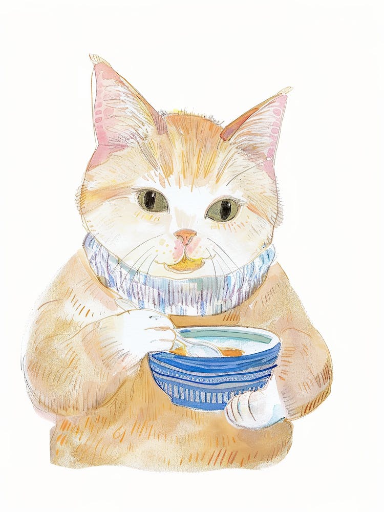 White And Tan Cat Having Breakfast Folk Illustration 2