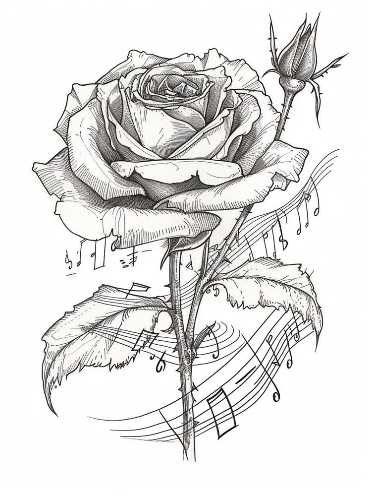 English Rose Music Line Drawing 2