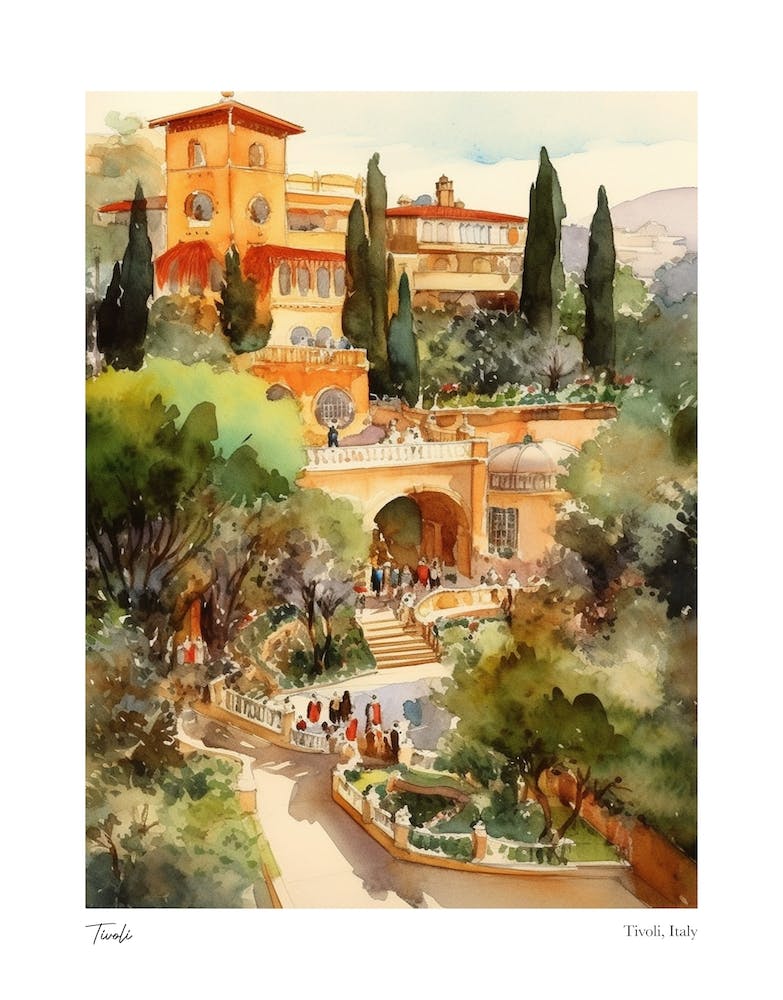 Tivoli, Italy 4 Watercolour Travel Poster