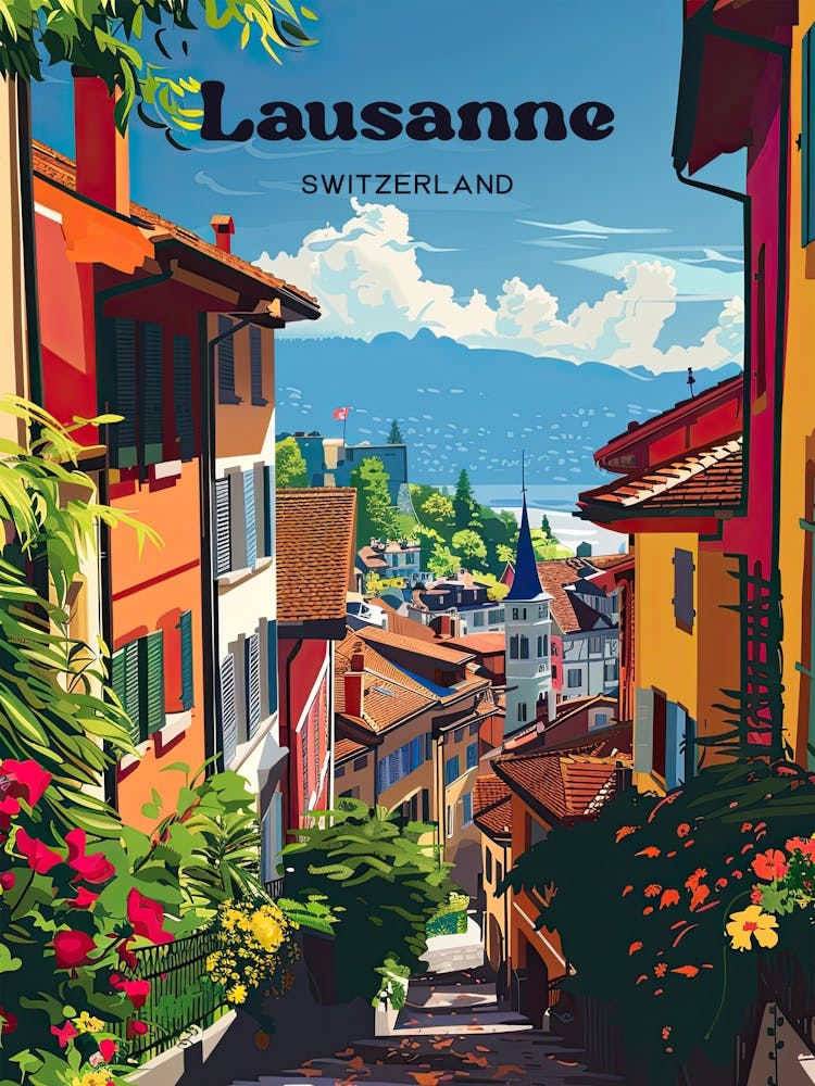 Lausanne Switzerland Streetview Travel Art Illustration