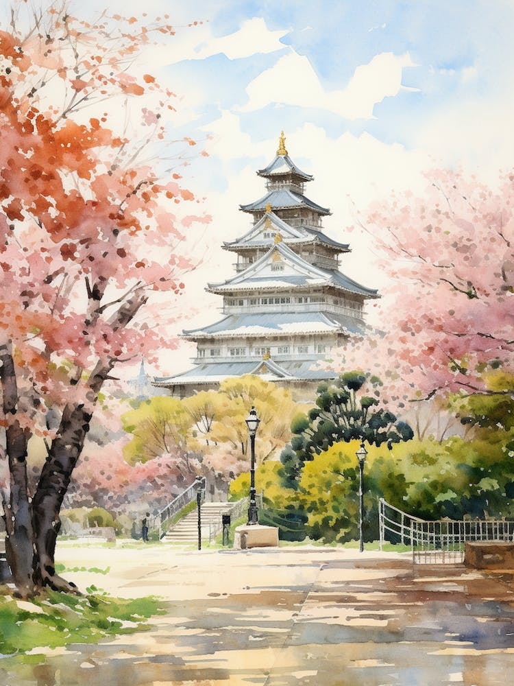 Osaka Castle Park Japan Watercolour Painting 