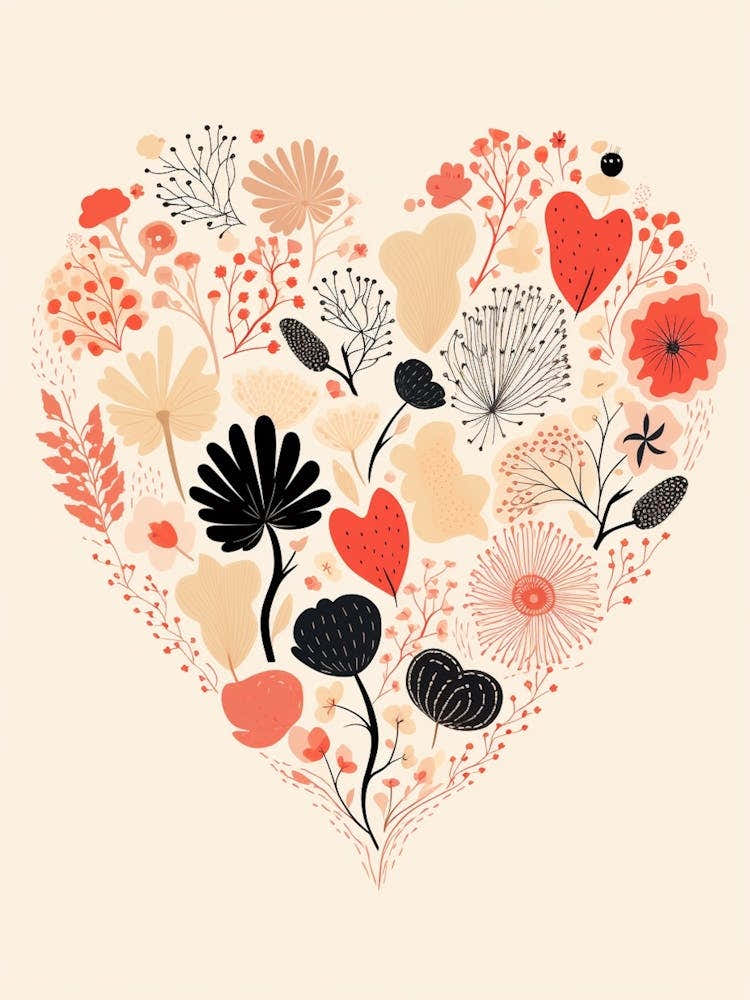 Floral Line Heart Coral Black & Cream