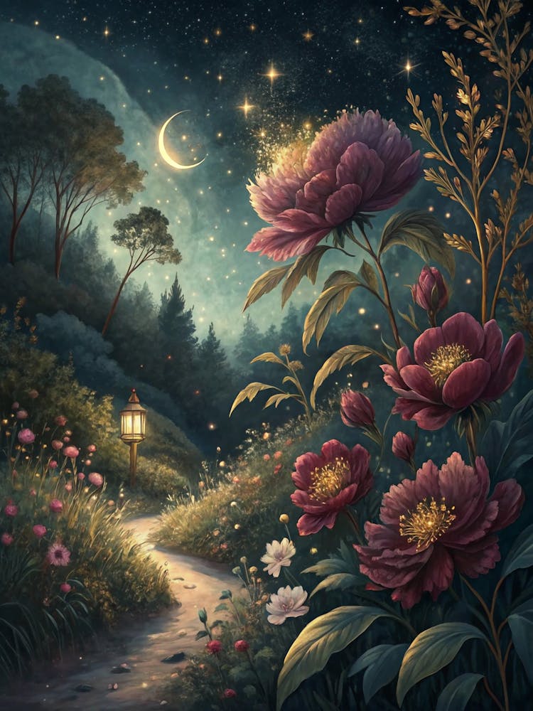 Oil Painting Style Midnight Floral Garden