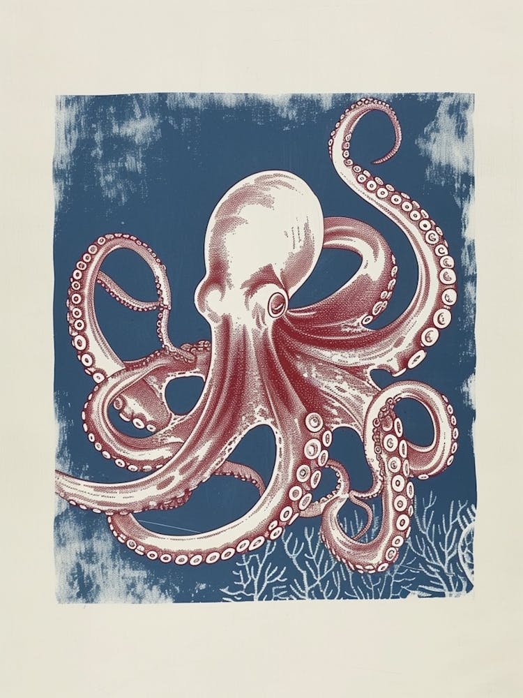 Octopus In The Ocean With Coral Linocut Inspired 3