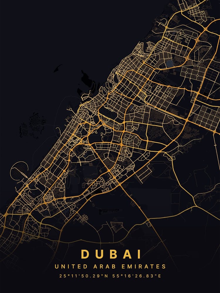 Dubai United Arab Emirates Black And Gold Map