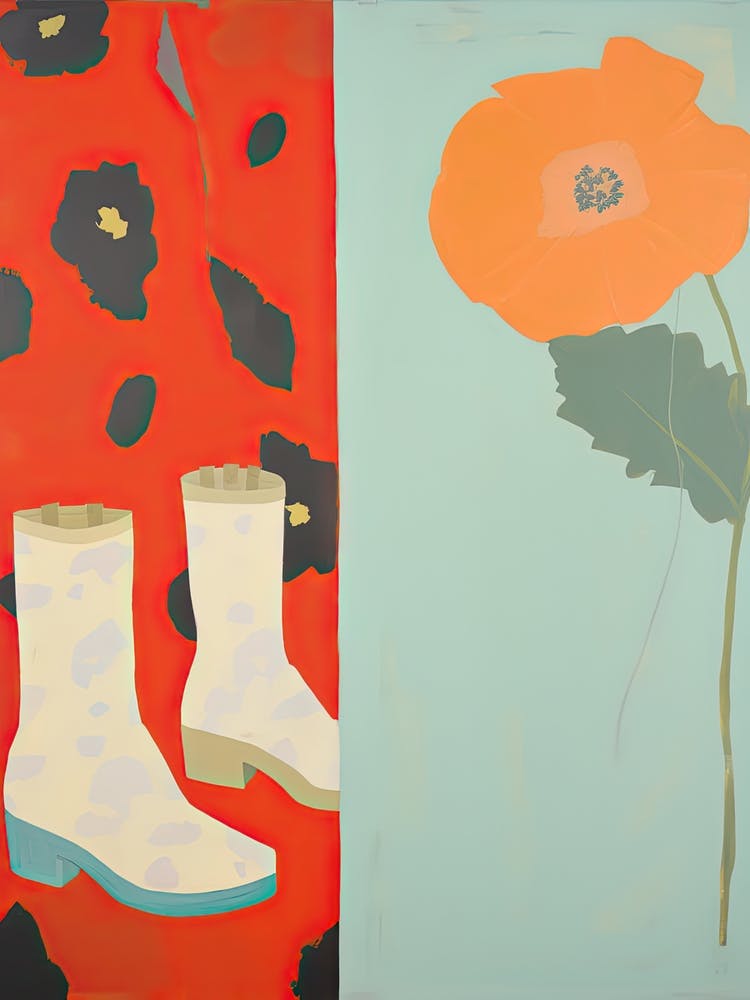 A Painting Of Cowboy Boots With Poppy Flowers, Pop Art Style 3