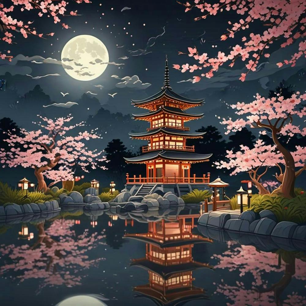 Japenese Pagoda Landscape With Moon (2)