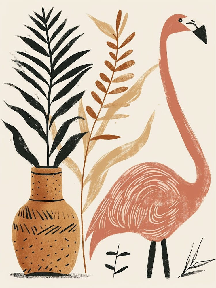 Jamess Flamingo And Ginger Plants Minimalist Illustration 2