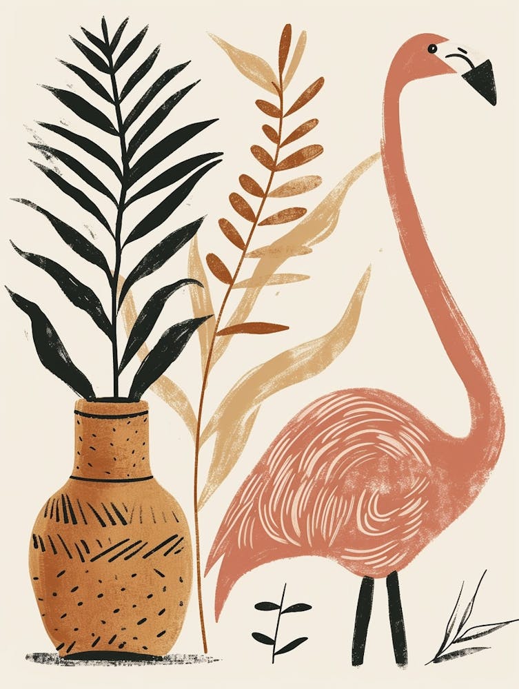 Jamess Flamingo And Ginger Plants Minimalist Illustration 2