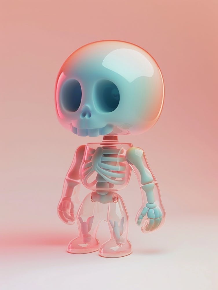 Cute Skull Toyart Mit Transparentem Acryl-Körper, der die Knochen bedeckt, 3D-Symbol, Weiß, Tonmaterial Isometrisch, 3D-Rendering, Glatt Glänzend, Vinylfigur, Toy Art, Realistische Licht- und Farbgebung, Sanfter Verlauf, Niedlicher Stil, Glänzend, Hon