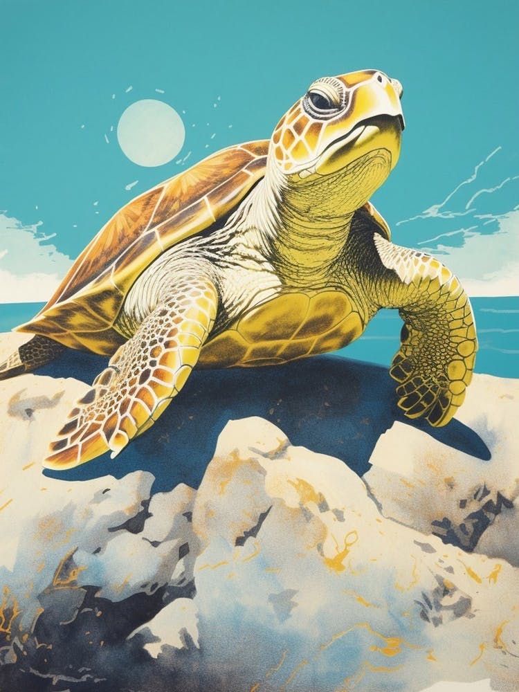 Sea Turtle On A Rock With Blue Sky