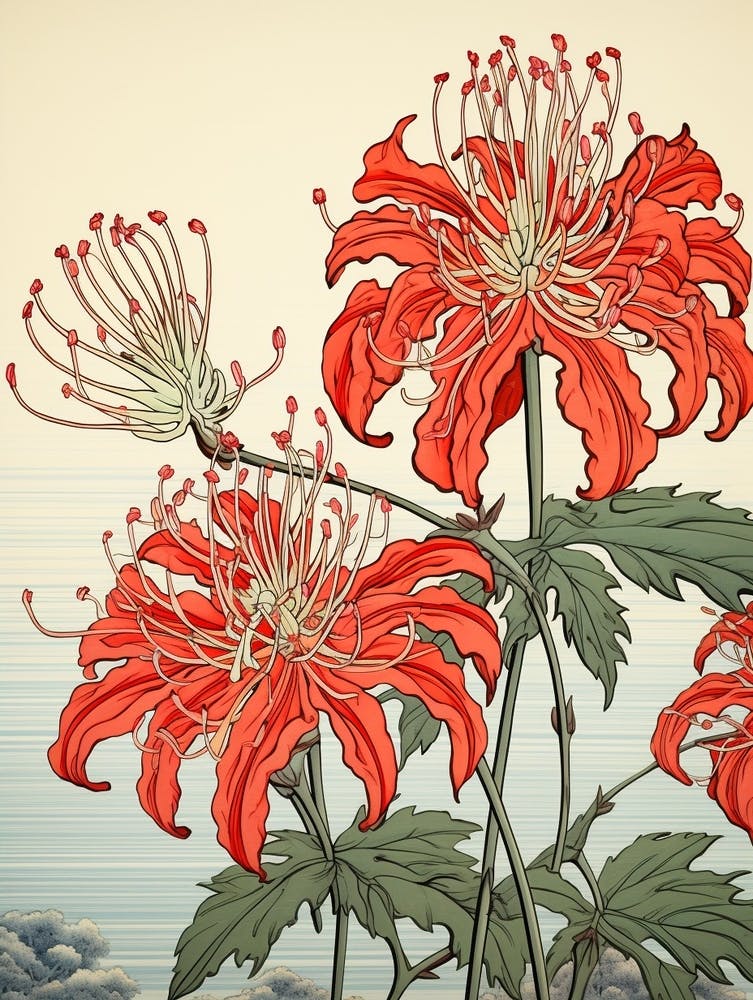 Higanbana Red Spider Lily 2 Vintage Japanese Botanical