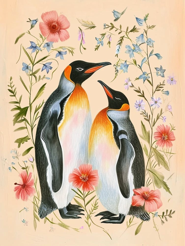 Folksy Floral Animal Drawing Penguin 2