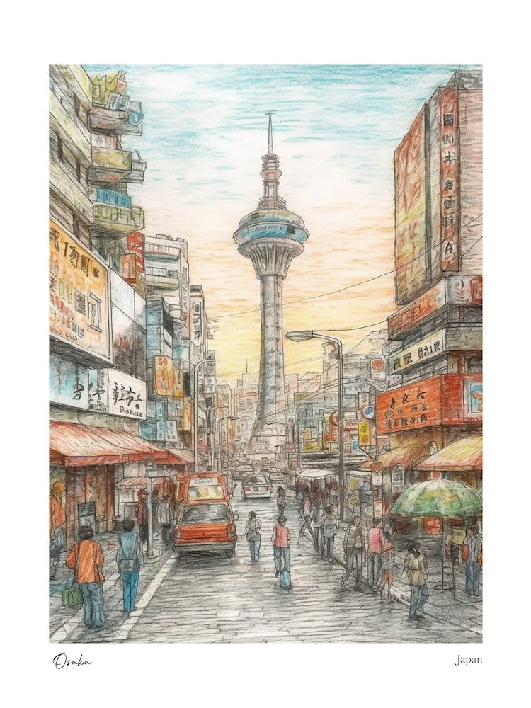 Osaka Japan Drawing Pencil Style 3 Travel Poster