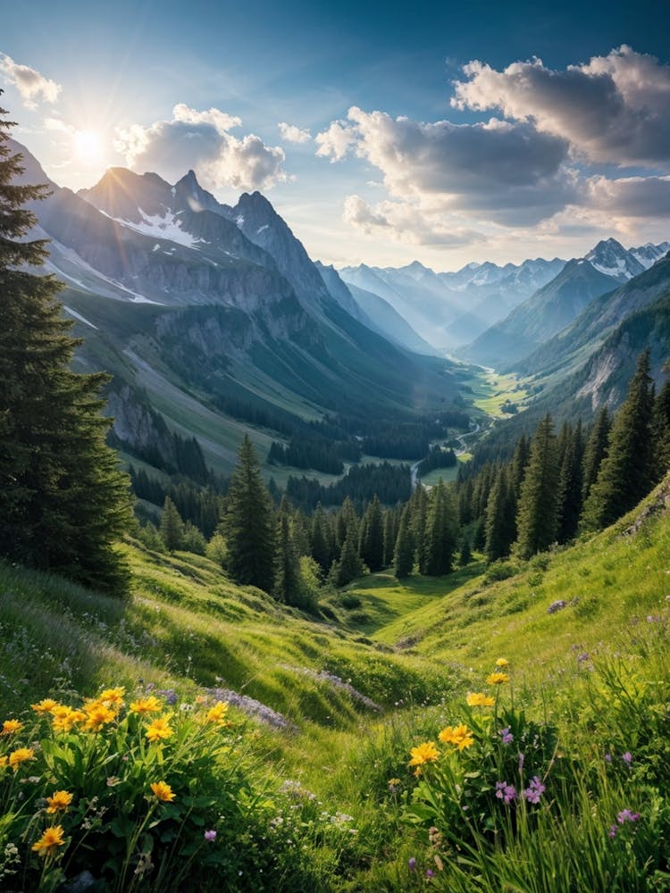 A Panoramic View Of A Dynamic Alpine Landscape Transitioning From Spring To Summer Featuring Idylli (1)