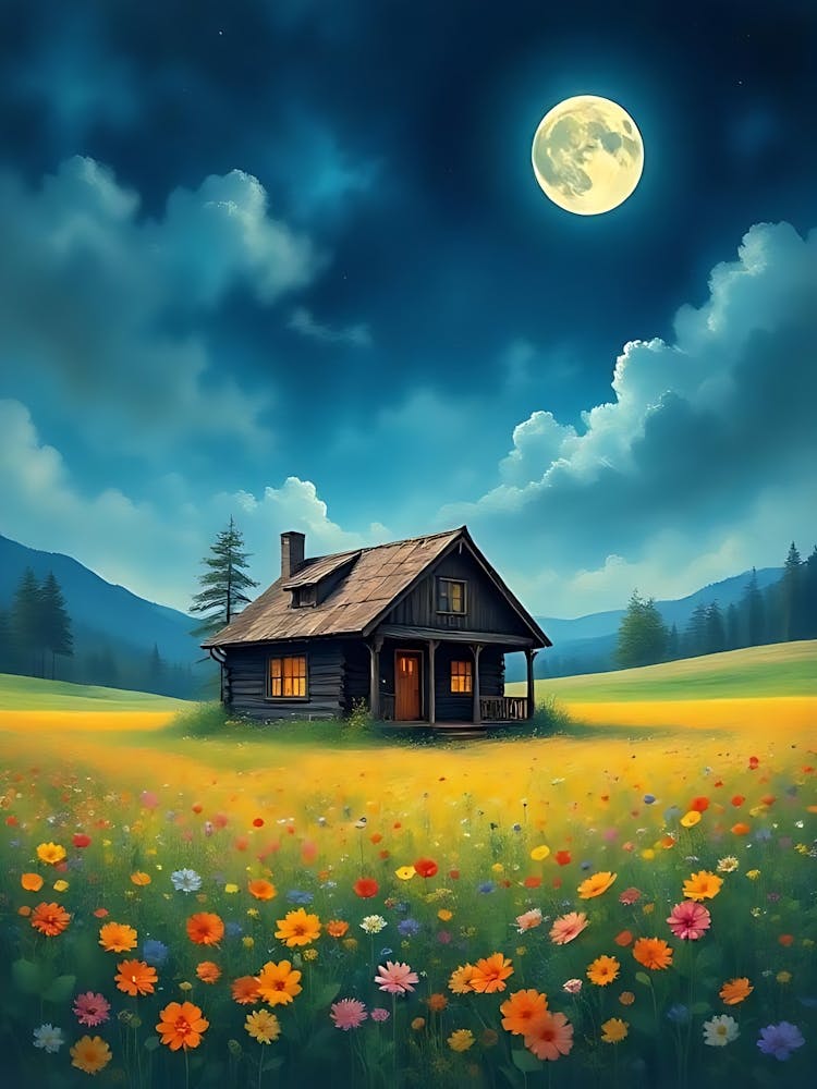 House In The Field At Night